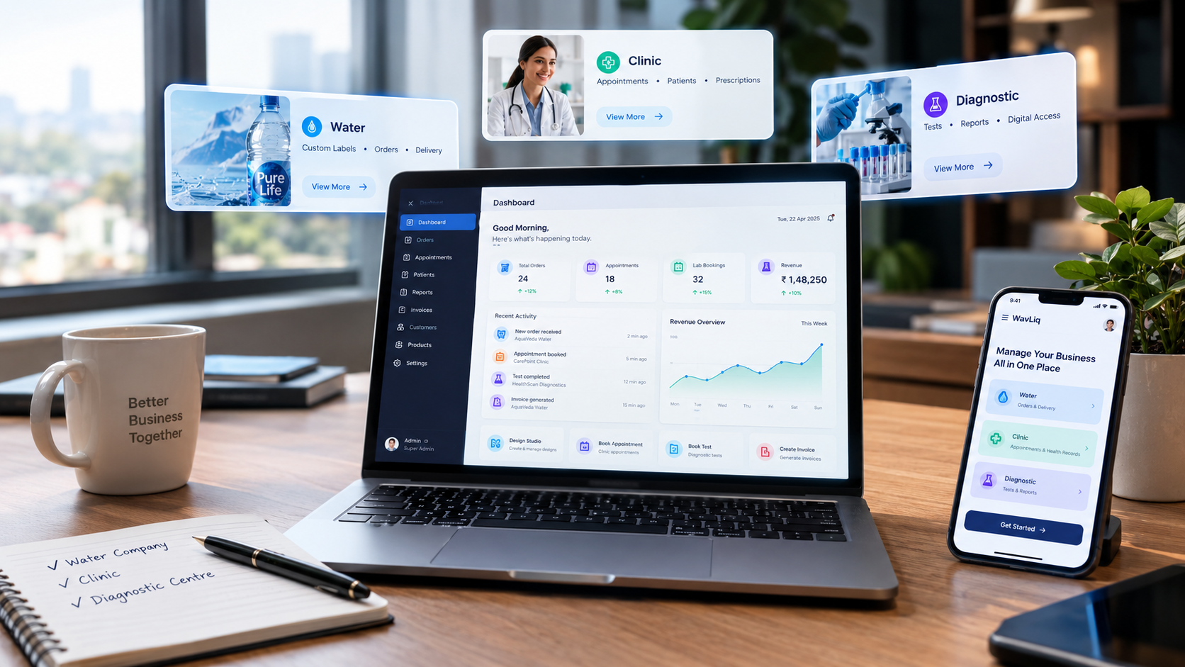 Illustration of a connected WavLiq business workspace across water, clinic and diagnostics workflows
