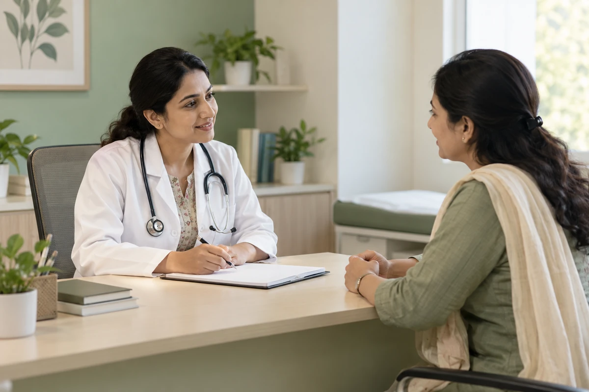 Illustrative clinic consultation in a bright, welcoming care space