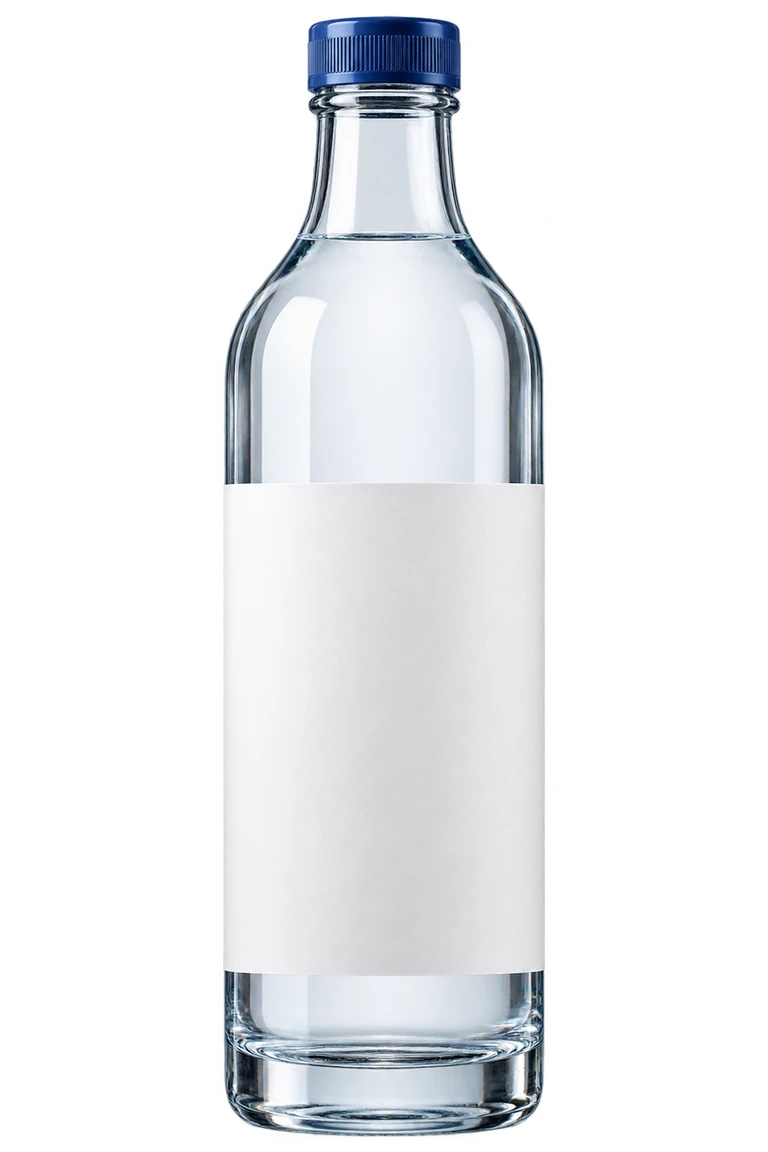 Clear glass water bottle with a classic Spring & Stone sample label, 750 ml